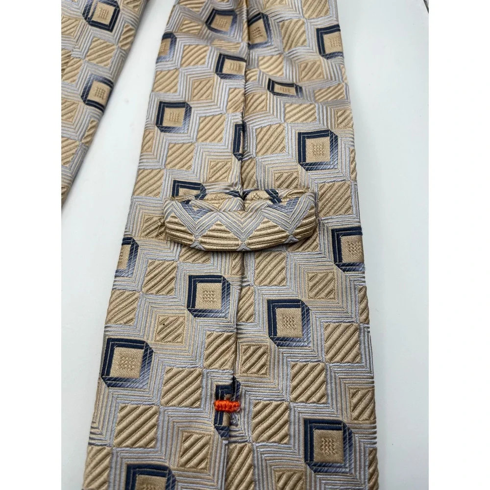 Ermenegildo Zegna Silk Cotton Tie Gold Navy Blue Geometric Square Made in Italy